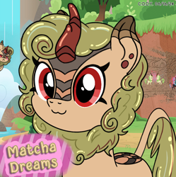 Size: 1980x1986 | Tagged: safe, artist:codenamekid, derpibooru import, oc, oc only, oc:matcha dreams, kirin, nirik, :3, :<, cute, highlights, horn, kirin grove, kirin oc, looking at someone, looking at you, mural, scales, smol, solo, text, tree, water, waterfall