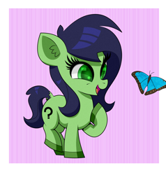 Size: 2000x2100 | Tagged: safe, artist:scandianon, derpibooru import, oc, oc only, oc:anon filly, butterfly, earth pony, pony, female, filly, foal, open mouth, open smile, passepartout, raised hoof, raised leg, smiling