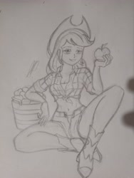 Size: 3456x4608 | Tagged: safe, artist:kenuma, derpibooru import, applejack, human, equestria girls, g4, apple, boots, clothes, female, food, hat, humanized, shirt, shoes, shorts, sketch, solo, traditional art