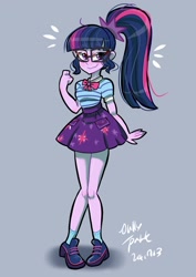 Size: 1240x1754 | Tagged: safe, artist:jully-park, derpibooru import, part of a set, sci-twi, twilight sparkle, better together, equestria girls, g4, arms, blouse, bowtie, breasts, bust, clothes, cutie mark on clothes, eyelashes, female, fingers, geode of telekinesis, glasses, gray background, hand, happy, legs, long hair, magical geodes, pigeon toed, ponytail, puffy sleeves, shoes, simple background, skirt, smiling, socks, solo, standing, teenager