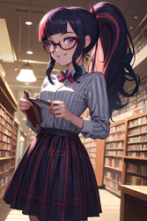 Size: 1280x1920 | Tagged: safe, ai content, derpibooru import, machine learning generated, sci-twi, twilight sparkle, human, equestria girls, g4, book, bookshelf, breasts, female, human coloration, library, prompter:the-sanctuaire, solo