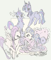 Size: 1217x1421 | Tagged: safe, artist:sofasofia, derpibooru import, fluttershy, rarity, twilight sparkle, unicorn twilight, pegasus, pony, unicorn, g4, bathrobe, clothes, female, mare, open mouth, pillow, robe