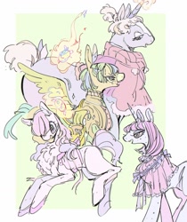 Size: 1211x1445 | Tagged: safe, artist:sofasofia, derpibooru import, oc, oc only, earth pony, pegasus, pony, unicorn, chest fluff, clothes, horn, open mouth