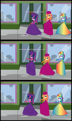 Size: 1920x3240 | Tagged: safe, artist:cartoonmasterv3, derpibooru import, rainbow dash, sci-twi, sunset shimmer, twilight sparkle, human, undead, zombie, equestria girls, g4, british, clothes, comic, controller, dress, infected, long dress, long skirt, skirt, trio