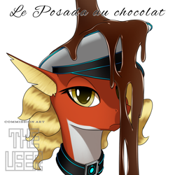 Size: 2000x2000 | Tagged: safe, artist:theuser, derpibooru import, oc, oc only, oc:posada, seapony (g4), equestria at war mod, g4, bust, chocolate, female, food, frown, hat, high res, le fishe, looking at you, meme, seapony oc, signature, simple background, solo, white background