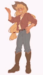 Size: 1215x2099 | Tagged: safe, artist:omgktoeto, derpibooru import, applejack, human, g4, boots, clothes, denim, female, flannel, grin, hat, humanized, jeans, pants, shoes, simple background, smiling, solo, white background