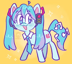 Size: 2048x1840 | Tagged: safe, artist:alexbeeza, derpibooru import, earth pony, pony, :3, female, gradient background, hatsune miku, kotobukiya, kotobukiya hatsune miku pony, mare, music notes, open mouth, open smile, ponified, smiling, solo, species swap, vocaloid