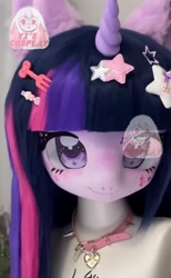 Size: 750x1217 | Tagged: safe, derpibooru import, twilight sparkle, human, unicorn, g4, aliexpress, animegao kigurumi, clothes, collar, costume, fursuit head, horn, humanized, irl, kigurumi, mask, photo, ponysuit, solo, wig