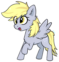 Size: 475x496 | Tagged: safe, artist:harmonicglow, derpibooru import, derpy hooves, pegasus, pony, g4, chest fluff, ear fluff, ears, eye clipping through hair, female, golden eyes, mare, open mouth, open smile, raised hoof, raised leg, signature, simple background, smiling, solo, spread wings, transparent background, wings