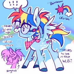 Size: 2048x2048 | Tagged: safe, artist:alexbeeza, derpibooru import, rainbow dash, pegasus, pony, g4, 2021, alternate cutie mark, alternate design, alternate mane color, alternate tail color, bandana, big glasses, blue coat, blue hooves, blush scribble, blushing, coat markings, colored belly, colored hooves, colored pinnae, colored wings, colored wingtips, concave belly, eyebrows, eyebrows visible through hair, female, glasses, high res, hooves, leg fluff, mare, multicolored mane, multicolored tail, neckerchief, nerd, open mouth, open smile, outline, pale belly, pink eyes, ponytail, purple text, rainbow, rainbow crash, redesign, sky background, small eyes, smiling, socks (coat marking), solo, spread wings, tail, tall ears, text, three toned mane, three toned tail, tied mane, tri-color mane, tri-color tail, tri-colored mane, tri-colored tail, tricolor mane, tricolor tail, tricolored mane, tricolored tail, two toned wings, wall of tags, watermark, white wingtips, wings