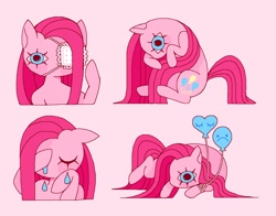 Size: 1804x1416 | Tagged: safe, alternate version, artist:kuromimittenz, derpibooru import, pinkie pie, earth pony, pony, g4, balloon, crying, eyepatch, female, heart, heart balloon, lying down, mare, pinkamena diane pie, prone, simple background, sitting, solo