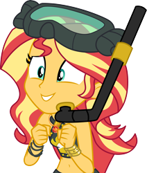 Size: 3000x3532 | Tagged: safe, artist:cloudy glow, derpibooru import, sunset shimmer, better together, equestria girls, g4, unsolved selfie mysteries, belly, belly button, clothes, geode of empathy, goggles, goggles on head, magical geodes, midriff, simple background, smiling, snorkel, solo, swimsuit, transparent background, vector, wristband