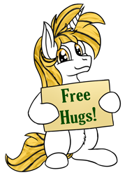 Size: 1840x2529 | Tagged: safe, derpibooru import, oc, oc only, oc:srok, pony, unicorn, free hugs, horn, sign, simple background, sitting, solo, transparent background