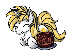 Size: 1995x1517 | Tagged: safe, derpibooru import, oc, oc only, oc:srok, pony, unicorn, cake, food, horn, lying down, ponyloaf, prone, simple background, solo, transparent background