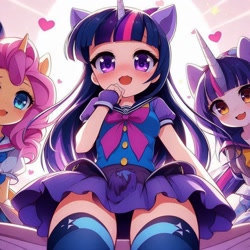 Size: 1024x1024 | Tagged: source needed, safe, ai content, derpibooru import, generator:bing image creator, generator:dall-e 3, machine learning generated, twilight sparkle, oc, human, anime, bangs, blushing, bow, buttons, clothes, female, fingerless gloves, gloves, heart, horn, humanized, long socks, looking at you, open mouth, outdoors, pony ears, prompter needed, raised arm, school uniform, shirt, short sleeves, skirt, sky, smiling, socks, sun, trio, unnamed oc