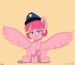 Size: 2300x2000 | Tagged: safe, alternate version, artist:psychotix, derpibooru import, oc, oc only, oc:sweet serving, pegasus, pony, belly, eyeshadow, lidded eyes, looking at you, makeup, pegasus oc, police, police hat, police officer, police pony, raised hoof, raised leg, simple background, smiling, smirk, spread wings, wings