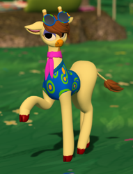 Size: 692x907 | Tagged: safe, artist:mosssong, derpibooru import, giraffe, 3d, animal crossing, cloven hooves, coy, crossover, eyeshadow, gracie, long legs, long neck, makeup, neckerchief, open pony, raised hoof, raised leg, second life, sleeveless, solo, sunglasses