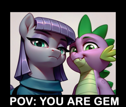 Size: 1222x1035 | Tagged: safe, ai content, derpibooru import, generator:pony diffusion v6 xl, generator:stable diffusion, machine learning generated, maud pie, spike, g4, anonymous prompter, duo, looking at you, offscreen character, pov