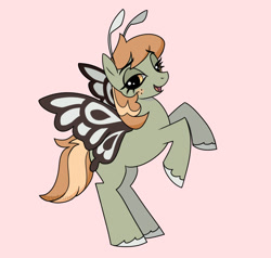 Size: 1890x1800 | Tagged: safe, artist:cry4nne, derpibooru import, oc, oc only, oc:wildflower spritz, butterfly, hybrid, pony, antennae, artfight, butterfly pony, butterfly wings, colored, colored hooves, eyebrows, eyebrows visible through hair, eyelashes, female, flat colors, freckles, gift art, gray hooves, hooves, lidded eyes, mare, open mouth, open smile, orange eyes, orange mane, orange tail, pink background, rearing, simple background, smiling, solo, tail, two toned mane, two toned tail, unshorn fetlocks, watermark, wings