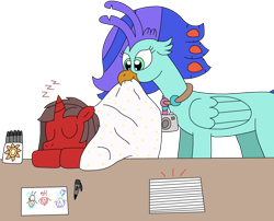 Size: 2630x2127 | Tagged: safe, artist:supahdonarudo, derpibooru import, oc, oc only, oc:ironyoshi, oc:sea lilly, classical hippogriff, hippogriff, unicorn, atg 2024, blanket, camera, horn, jewelry, mouth hold, necklace, newbie artist training grounds, onomatopoeia, paper, pen, simple background, sleeping, sound effects, table, transparent background, zzz