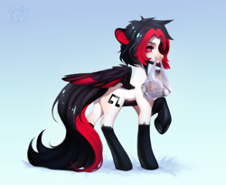 Size: 2200x1800 | Tagged: source needed, safe, artist:ryusya, derpibooru import, oc, oc only, pegasus, pony, bag, can, coat markings, colored ears, colored pinnae, colored wings, colored wingtips, dark belly, drink, energy drink, gradient background, light blue background, looking at you, monster energy, mouth hold, oc name needed, plastic bag, raised hoof, raised leg, red eyes, simple background, smug, socks (coat marking), soda, soda can, solo, wings