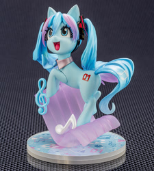 Size: 900x1000 | Tagged: safe, derpibooru import, pony, anime, female, hatsune miku, kotobukiya, kotobukiya hatsune miku pony, music notes, open mouth, open smile, ponified, smiling, solo, species swap, vocaloid