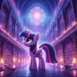 Size: 1024x1024 | Tagged: safe, ai content, derpibooru import, generator:bing image creator, generator:dall-e 3, machine learning generated, twilight sparkle, twilight sparkle (alicorn), alicorn, pony, g4, bangs, book, candle, eyelashes, female, folded wings, horn, indoors, library, looking up, mare, prompter:nightofcore, solo, standing, wings