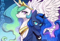 Size: 2789x1919 | Tagged: safe, artist:avrameow, derpibooru import, princess celestia, princess luna, alicorn, pony, g4, crown, duo, duo female, ear fluff, ears, ethereal mane, eye clipping through hair, eyebrows, eyebrows visible through hair, female, high res, jewelry, large wings, mare, peytral, regalia, royal sisters, siblings, sisters, starry mane, wings