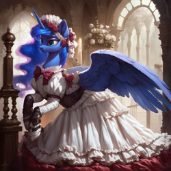 Size: 1216x1216 | Tagged: safe, ai content, derpibooru import, generator:pony diffusion v6 xl, generator:stable diffusion, machine learning generated, princess luna, alicorn, pony, g4, clothes, dress, female, flower, horn, mare, prompter:star-dragon, rose, side view, solo, spread wings, victorian, wings