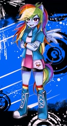 Size: 1078x2048 | Tagged: safe, artist:pulse, derpibooru import, rainbow dash, human, equestria girls, g4, abstract background, boots, clothes, compression shorts, crossed arms, eye clipping through hair, female, jacket, looking at you, open mouth, ponied up, pony ears, shirt, shoes, skirt, smiling, socks, solo, vest, wings, wristband