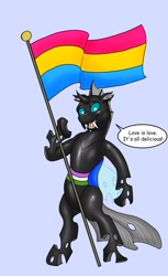 Size: 1486x2436 | Tagged: safe, artist:termyotter, derpibooru import, oc, oc only, oc:macrophage, changeling, bipedal, changeling oc, dialogue, fangs, genderqueer pride flag, holding flag, looking down, open mouth, open smile, pansexual pride flag, pride, pride flag, sharp teeth, shiny body, smiling, solo, speech bubble, talking, teeth, text