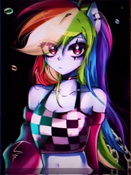 Size: 1537x2048 | Tagged: safe, artist:pulse, derpibooru import, rainbow dash, human, equestria girls, g4, bare shoulders, belly, belly button, black background, breasts, checkered shirt, choker, cleavage, clothes, detached sleeves, ear piercing, eye clipping through hair, female, looking at you, midriff, piercing, pony ears, simple background, solo