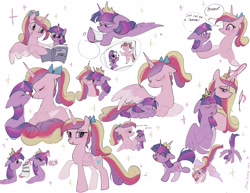 Size: 2048x1583 | Tagged: safe, artist:petaltwinkle, derpibooru import, princess cadance, twilight sparkle, twilight sparkle (alicorn), unicorn twilight, alicorn, pony, unicorn, g4, backwards cutie mark, bags under eyes, big eyes, blue bow, blushing, book, boop, bow, cheek squish, colored, colored sketch, colored wings, colored wingtips, cross-popping veins, crown, curly hair, curly mane, curly tail, cute, cutedance, daaaaaaaaaaaw, doodle dump, doodle page, drool, duo, duo female, ears, emanata, eye clipping through hair, eyebrows, eyebrows visible through hair, eyelashes, eyes closed, facing each other, female, filly, filly twilight sparkle, flat colors, floppy ears, flying, foal, folded wings, frown, glasses, glowing, glowing horn, hair bow, height difference, hoof hold, horn, jewelry, lidded eyes, long horn, looking at each other, looking at someone, looking at something, lying down, magic, mare, multicolored mane, multicolored tail, narrowed eyes, noseboop, nuzzling, open book, open mouth, open smile, peytral, photo, pink coat, pink wingtips, ponytail, pouting, profile, prone, purple coat, purple eyes, purple magic, quill pen, raised hoof, raised leg, reading, regalia, round glasses, shiny eyes, sibling love, simple background, sisterly love, sisters-in-law, sketch, sketch dump, sleeping, smiling, smiling at each other, sparkles, spread wings, squishy cheeks, standing, straight mane, straight tail, sweet dreams fuel, tail, teen princess cadance, telekinesis, text, three toned mane, three toned tail, tiara, tied mane, tired twilight, tri-color mane, tri-color tail, tri-colored mane, tri-colored tail, tricolor mane, tricolor tail, tricolored mane, tricolored tail, twiabetes, two toned wings, unicorn horn, wall of tags, white background, wing shelter, wings, young cadance, younger