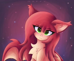 Size: 3500x2900 | Tagged: safe, artist:gaffy, derpibooru import, oc, oc only, oc:airi, bat pony, bat pony oc, birthday, blushing, chest fluff, ear fluff, ears, eye clipping through hair, female, looking at you, solo