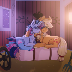 Size: 1023x1023 | Tagged: safe, artist:tayblossom, derpibooru import, applejack, oc, oc:chilly passion, pony, g4, barn, canon x oc, commission, duo, hay bale, lantern, pitchfork, sweet apple acres, wheel