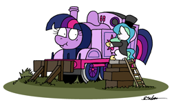 Size: 2122x1264 | Tagged: safe, artist:bobthedalek, derpibooru import, princess celestia, twilight sparkle, alicorn, pony, g4, atg 2024, clothes, crossover, duo, duo female, female, hat, inanimate tf, ladder, mare, newbie artist training grounds, simple background, sir topham hatt, steam train, suit, thomas the tank engine, top hat, train, train pony, trainified, transformation, white background