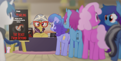 Size: 2282x1148 | Tagged: safe, artist:equestriaexploration, derpibooru import, a.k. yearling, daring do, oc, oc:blueberry pie, oc:procellus, oc:quiet brook, oc:silent soundwave, mouse, pony, atg 2024, book, newbie artist training grounds, the beast from beyond