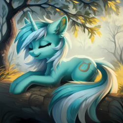 Size: 1536x1536 | Tagged: safe, ai content, derpibooru import, generator:stable diffusion, machine learning generated, lyra heartstrings, pony, unicorn, g4, ear fluff, ears, eyes closed, female, fluffy, forest, horn, lying down, mare, nature, outdoors, prompter:seashell, smiling, solo, tail, tree, two toned mane, two toned tail