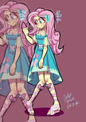 Size: 1240x1754 | Tagged: safe, artist:jully-park, derpibooru import, part of a set, fluttershy, butterfly, human, better together, equestria girls, g4, butterfly hairpin, clad feet, clothes, dress, feet, female, fluttershy boho dress, geode of fauna, lace sandals, magical geodes, pigeon toed, sandals, simple background, smiling, solo, toes, zoom layer