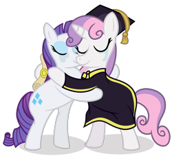 Size: 3300x3000 | Tagged: safe, artist:sweetielover, derpibooru import, rarity, sweetie belle, pony, unicorn, g4, atg 2024, belle sisters, clothes, crying, diploma, duo, duo female, eyes closed, female, graduation, graduation cap, hat, high res, horn, hug, newbie artist training grounds, older, older sweetie belle, sibling love, siblings, simple background, sisterly love, sisters, smiling, suit, tears of joy, teary eyes, transparent background