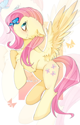 Size: 1080x1680 | Tagged: safe, artist:xoll_171, derpibooru import, fluttershy, butterfly, pegasus, pony, g4, abstract background, butterfly on nose, chest fluff, cute, ear fluff, ears, female, floppy ears, insect on nose, mare, shyabetes, solo