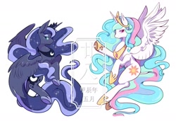 Size: 1553x1061 | Tagged: safe, artist:ananican, derpibooru import, princess celestia, princess luna, alicorn, pony, g4, chinese, cute, cutelestia, duo, duo female, female, lidded eyes, looking at you, lunabetes, mare, royal sisters, siblings, simple background, sisters, smiling, smiling at you, spread wings, white background, wings