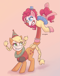 Size: 1617x2048 | Tagged: safe, artist:starryducks, derpibooru import, applejack, pinkie pie, earth pony, pony, g4, alternate hairstyle, braid, braided pigtails, braided tail, clown, clown makeup, clown nose, duo, duo female, female, gradient background, grin, handstand, hat, mare, pigtails, red nose, smiling, tail, top hat, upside down