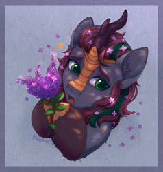 Size: 1900x2000 | Tagged: safe, artist:moewwur, artist:rin-mandarin, derpibooru import, oc, oc only, oc:smoke embers, kirin, blushing, bust, commission, flower, flower in hair, fluffy, green eyes, horn, kirin oc, lilac, looking forward, male, passepartout, portrait, shy, simple background, solo