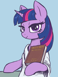 Size: 2000x2650 | Tagged: safe, artist:t72b, derpibooru import, twilight sparkle, unicorn twilight, pony, semi-anthro, unicorn, g4, book, bust, cicero, clothes, female, hoof hold, horn, laelius de amicitia, lidded eyes, looking at you, mare, portrait, princess of friendship, pun, roman, smiling, toga