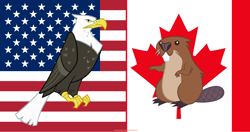 Size: 5724x3015 | Tagged: safe, artist:andoanimalia, derpibooru import, bald eagle, beaver, bird, eagle, 4th of july, american flag, canada, canada day, canadian flag, holiday, independence day, united states