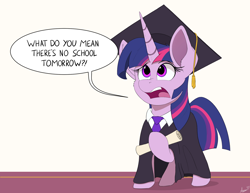 Size: 2000x1544 | Tagged: safe, artist:arcane-thunder, derpibooru import, twilight sparkle, unicorn twilight, pony, unicorn, g4, adorable distress, atg 2024, cruel and unusual punishment, cute, dialogue, female, filly, filly twilight sparkle, foal, graduation cap, hat, horn, magic kindergarten, newbie artist training grounds, scroll, solo, speech bubble, tail, that pony sure does love education, younger