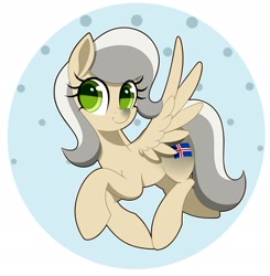 Size: 2279x2321 | Tagged: safe, artist:scandianon, derpibooru import, oc, oc only, oc:iceland horse, pegasus, pony, facial markings, female, flying, looking at you, mare, nation ponies, ponified, pose, smiling, solo, species swap, spread wings, wings