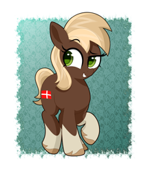 Size: 1720x2000 | Tagged: safe, artist:scandianon, derpibooru import, oc, oc only, oc:jutlandmare, earth pony, pony, coat markings, cocked eyebrow, female, mare, nation ponies, ponified, raised hoof, raised leg, smiling, socks (coat marking), solo, species swap, unshorn fetlocks