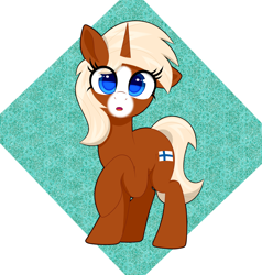 Size: 2000x2100 | Tagged: safe, artist:scandianon, derpibooru import, oc, oc only, oc:finnmare, pony, unicorn, ears, facial markings, female, floppy ears, horn, looking at you, mare, nation ponies, open mouth, ponified, raised hoof, raised leg, solo, species swap